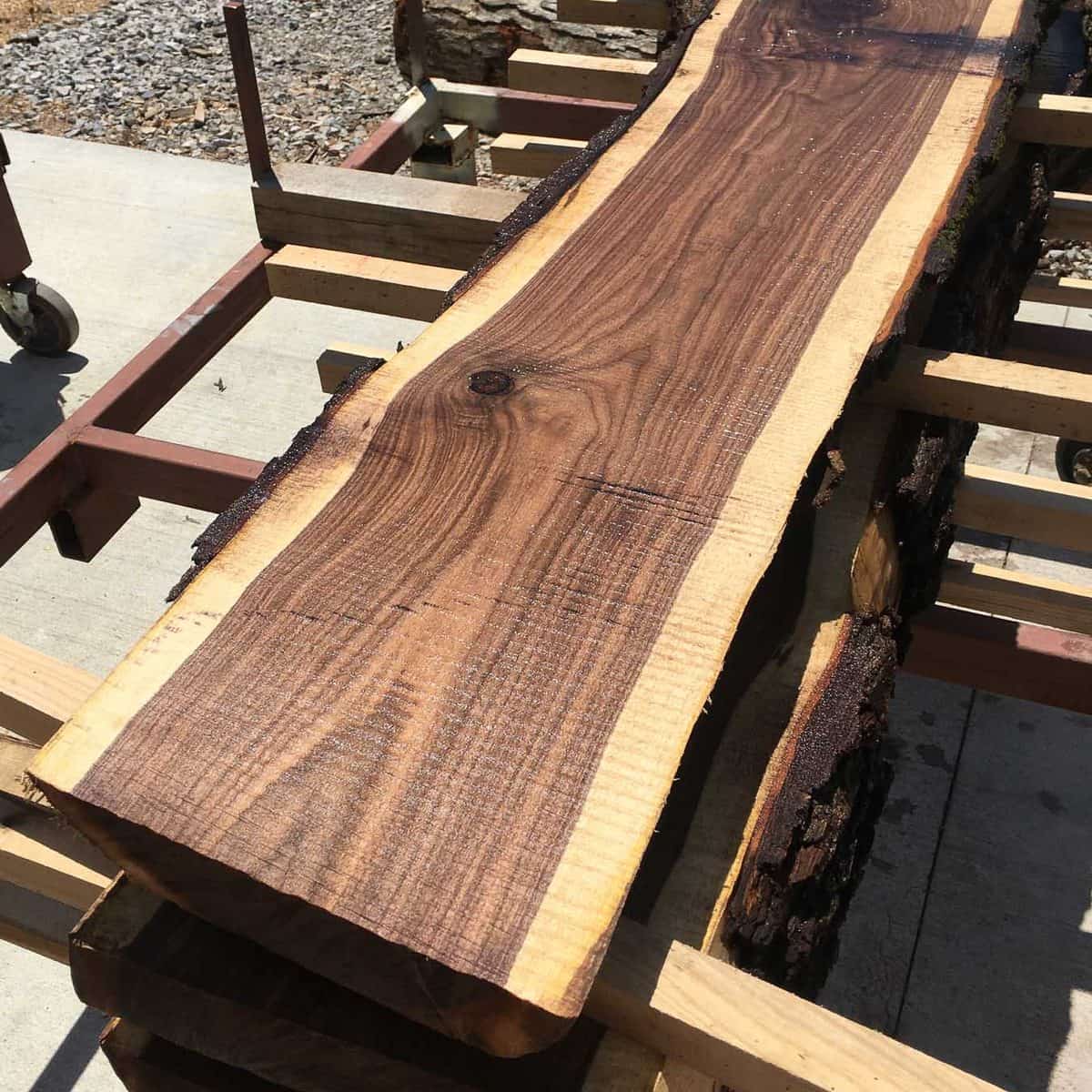 Finished live-edge walnut slab from custom milling